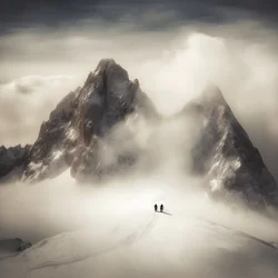 zwei Menschen beim Skifahren über einem wolkenverhangenen Berg