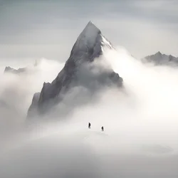 zwei Menschen beim Skifahren über einem wolkenverhangenen Berg
