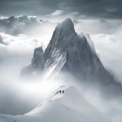Zwei Menschen beim Skifahren über einem wolkenverhangenen Berg