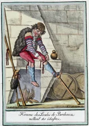 Mann aus den Landes bei Bordeaux beim Anlegen seiner Stelzen - in „Encyclopédie des voyages“ von J. Grasset St Sauveur, Deron, Paris