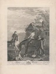 Eine Serie von sieben, ohne Titel, jeweils gewidmet: Dem ehrenwerten Thomas Lord Viscount Weymouth...nach dem Originalgemälde in Long Leat Hall. [Zentrum, ein Grauer gehalten von einem Jagddiener, mit anderen Pferden und Hunden....]