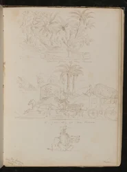 Ein Palmengarten in San Remo, eine Pferdekutsche vor einem Tor in San Remo, eine weibliche Figur zu Pferd