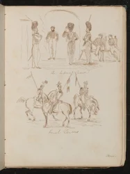 Studien von Soldaten mit der Inschrift "Imperial Guards", Soldaten mit Fahnen zu Pferd mit der Inschrift "French Lancers"