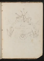 Studie von Künstlerutensilien, Schmetterling, Blumen, Flaggen, Klippe und Girlande in Wappenform um die Inschrift "Beendet am 12. August 1861"