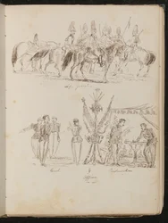 Studie von Soldaten auf Pferden mit der Inschrift "Life Guards", Studie von Soldatengruppen mit Fahnen, rauchend und trinkend