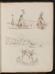 Drei Studien von felsigen Inseln, eine wässrige Landschaft mit Menschen und Booten und Palmen