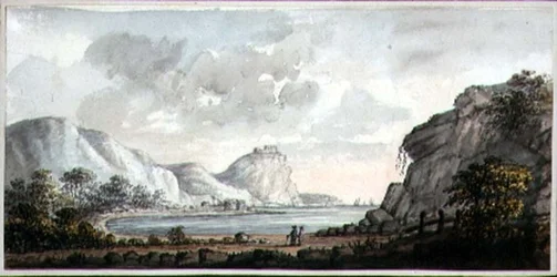 Landschaft mit zwei Figuren, die auf eine Bucht blicken, um 1825