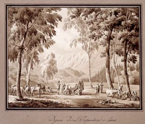 Frühstück der Kaiserin Josephine de Beauharnais in Cervos im Jahr 1810. Zeichnung von Theodore Turpin De Crisse