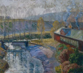 Landschaft mit Haus und Fluss