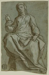 Sitzende weibliche Figur (Heilige Scholastika?) mit einer Taube