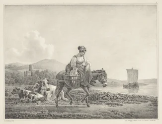 Frau auf Esel in Landschaft