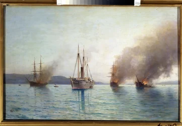 Russisches Torpedoboot Tender Großherzog Konstantin zerstört türkische Schiffe am Bosporus 1877