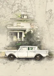 Vintage Auto Altes Haus Skizze