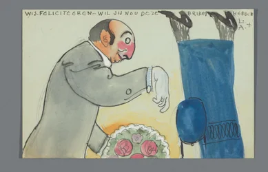 Postkarte mit einer Zeichnung des Unterkörpers von An Overtoom und des Oberkörpers von Leo Gestel mit Blumenstrauß