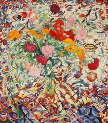 Blumen vor einem geblümten Tuch