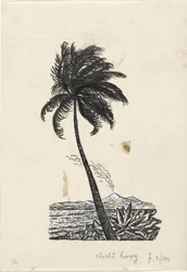 Palme mit einer Insel und einem Vulkan im Hintergrund
