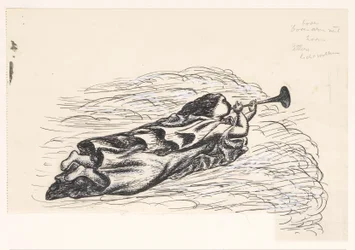 Frau mit Trompete, schwebend auf Wolken