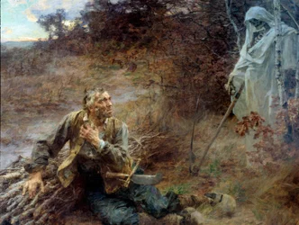 Der Tod und der Holzfäller. Illustration für die Fabel von Jean de La Fontaine (1621-1695). Gemälde von Leon Augustin Lhermitte (1844-1925) 1893, 2.06 x 2.42 m. Château-Thierry, Musée La Fontaine