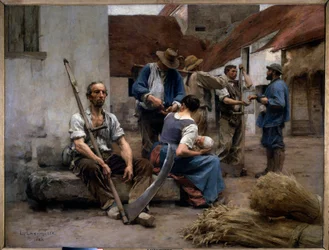 Die Lohnauszahlung an bäuerliche Erntearbeiter auf einem Bauernhof, einer von ihnen hält eine Sense. 1882. Maße 2,15 x 2,72 m. Paris, Musée d