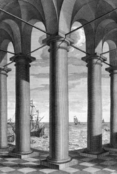 Über Architektur, eine Meereslandschaft erscheint hinter einem Gebäude mit Arkaden: eine Tafel aus „De Architectura Libri decem“ von Leon Battista Alberti, Architekt, Mathematiker, italienischer Dichter der Renaissance, London