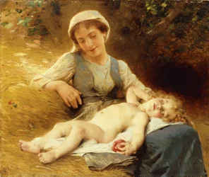 Eine Mutter mit ihrem schlafenden Kind