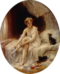 Kleine Frau zieht ihre Strümpfe an; Petite Femme mettant sa bas