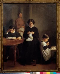 Die Familie des Künstlers. Der junge Bruder studierte, während die Mutter und Schwester Näharbeiten machten