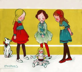 Mädchen spielen mit Puppen (Illustration, ca. 1910)