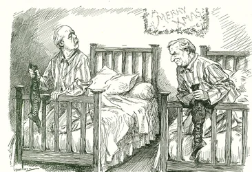 Arthur Balfour, Konservativer, und Herbert Asquith, Liberaler, mit ihren Weihnachtsstrümpfen. Bei den Parlamentswahlen im Dezember 1910 errang keiner von beiden eine absolute Mehrheit. Asquith konnte in einer Koalition mit der Irischen Nationalpartei eine