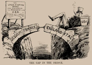 Die Lücke in der Brücke. Karikatur über die Abwesenheit der USA im Völkerbund, Dez 1919