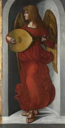 Ein Engel in Rot spielt die Laute