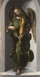 Ein Engel in Grün spielt die Violine