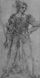 Eine Frau, die ein Mieder aus verflochtenen Bändern trägt, um 1480