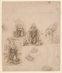 Kompositionsskizzen für die das Christuskind anbetende Jungfrau, mit und ohne den kleinen heiligen Johannes den Täufer; Diagramm einer perspektivischen Projektion (Vorderseite); flüchtige Kritzeleien (Rückseite)