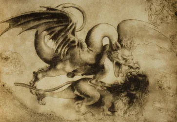 Drache tötet einen Löwen, Zeichnung von Leonardo da Vinci. Gabinetto dei Disegni e Stampe, Uffizien, Florenz