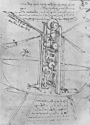 Zeichnung einer Flugmaschine mit einem Mann, der sie bedient, ca. 1480, 1945