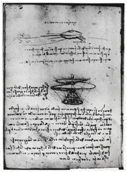 Paris Manuskript B, fol. 83v: Seite mit Text und Skizzen für eine Flugmaschine, 1488-90