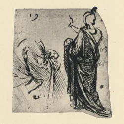Skizze einer drapierten Figur und Detail eines Kostüms