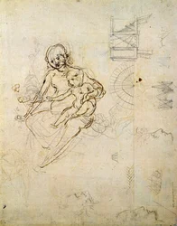 Studien für eine Jungfrau mit Kind und von Köpfen im Profil und Maschinen, ca. 1478-80
