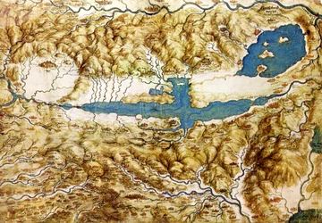 Topografische Ansicht der Landschaft um die Ebene von Arezzo und das Val di Chiana, frühes 16. Jahrhundert