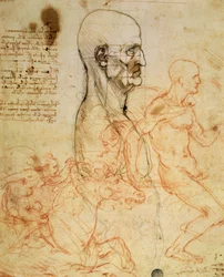 Torso eines Mannes im Profil, der Kopf für Proportionen quadratisch, und Skizzen von zwei Reitern, ca. 1490 und ca. 1504