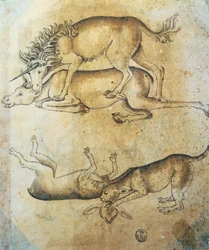 Einhorn greift eine Kuh an und Leopard greift ein Schaf an, Tierstudie, von Leonardo da Vinci