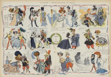 14. Juli - Militärparade des vergangenen Jahrhunderts. Illustration für Le Rire