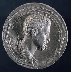 Rückseite des Medaillons von Andrea Doria, das den Künstler umgeben von den Ketten eines Sträflings und mit einer Galeere im Hintergrund zeigt, ca. 1541 (Silber)