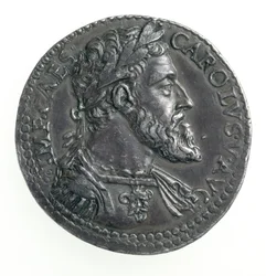 Testone von Karl V. (1500-58) Herzog von Mailand, graviert von Dye, 1535-56 (Vorderseite) (Silber)