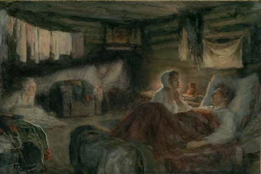 Natascha und der verwundete Prinz Andrei in Mytischtschi. Illustration für den Roman Krieg und Frieden