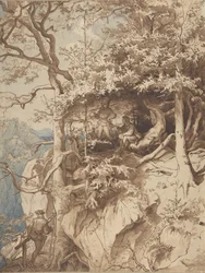 Jäger auf einem Aussichtspunkt auf einem Berg, ca. 1870