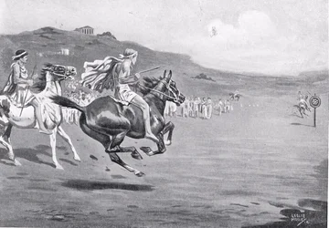 Griechische Reiter werfen den Speer, Illustration aus 