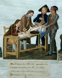 Französische Revolution: Bürger bringen Hemden, Schuhe, Strümpfe, Kleidung, um sie an Freiwillige zu schicken. Gravur der Brüder Lesueur (18. Jahrhundert). Paris, Musée Carnavalet