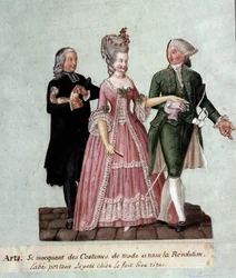 Französische Revolution: Darstellung der Kostüme eines Abtes mit einem kleinen Hund und zwei Adligen. Gouache der Brüder Lesueur (18. Jahrhundert)